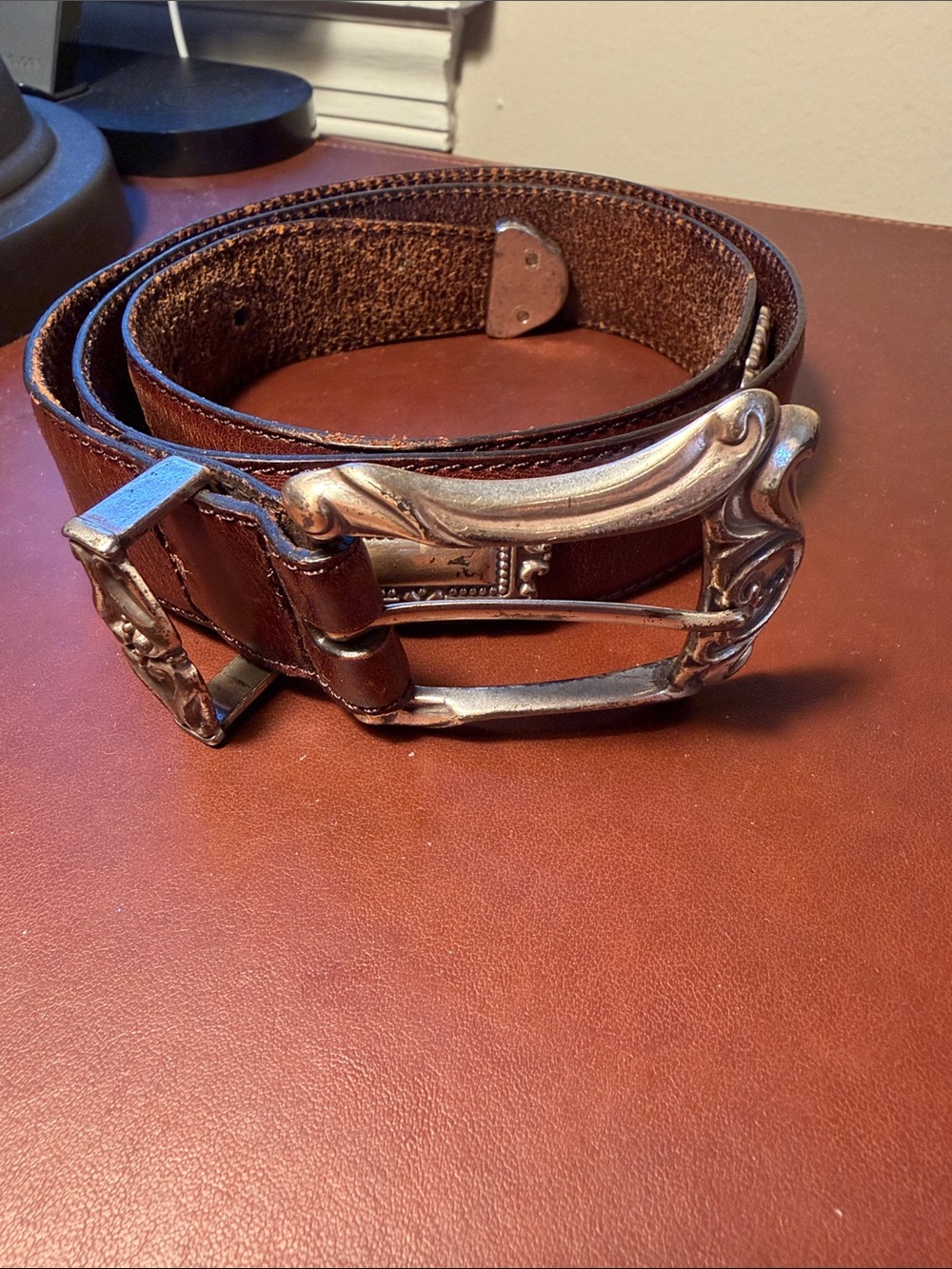 Vintage (‘96) Fossil Brown Leather Belt with Ornate Silver-Tone Buckle